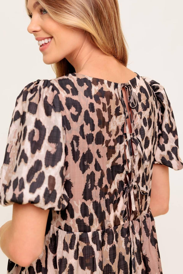 FOREVER YOURS LEOPARD WOVEN MINI DRESS.