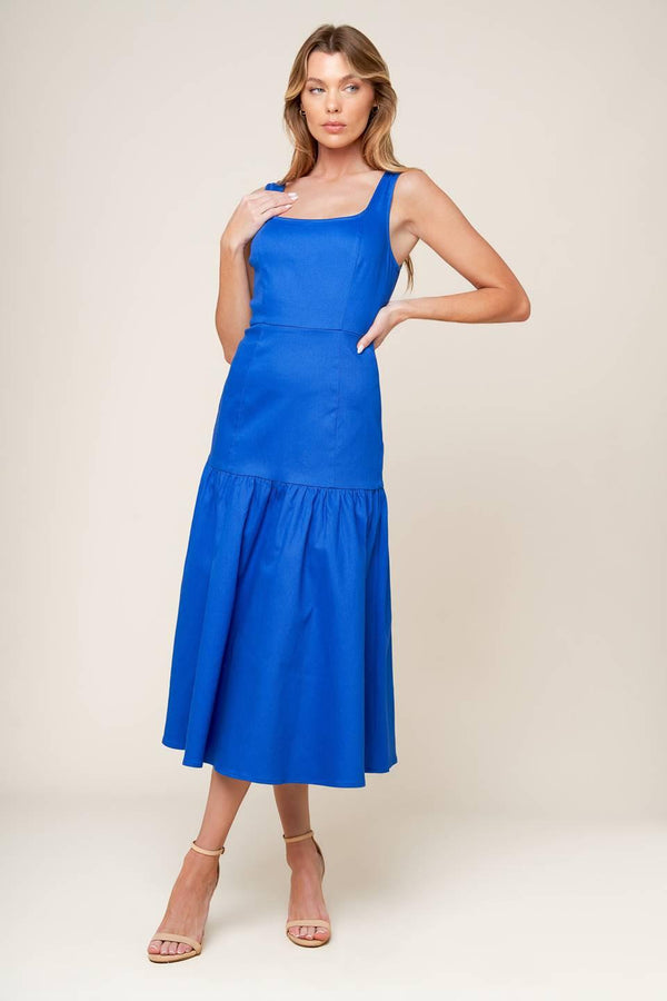 PLEASANT DREAMS BLUE WOVEN MIDI DRESS.