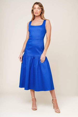 PLEASANT DREAMS BLUE WOVEN MIDI DRESS.