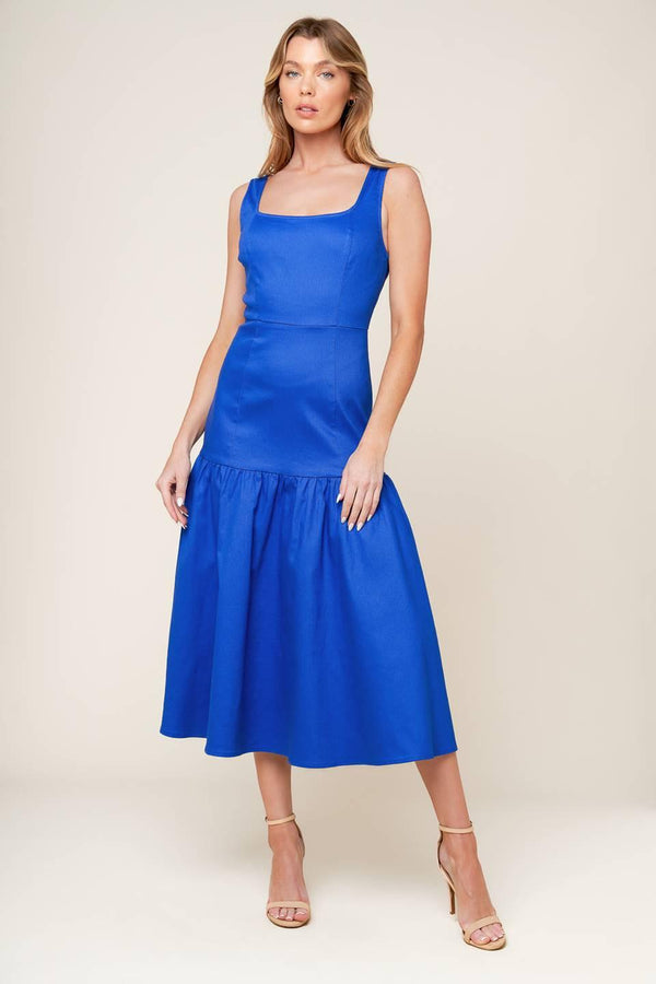 PLEASANT DREAMS BLUE WOVEN MIDI DRESS.