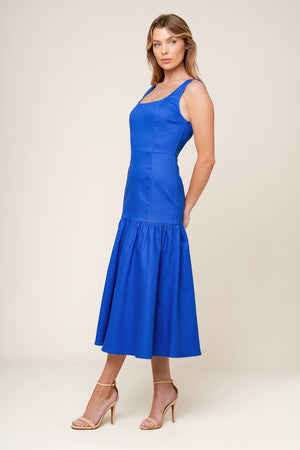 PLEASANT DREAMS BLUE WOVEN MIDI DRESS.