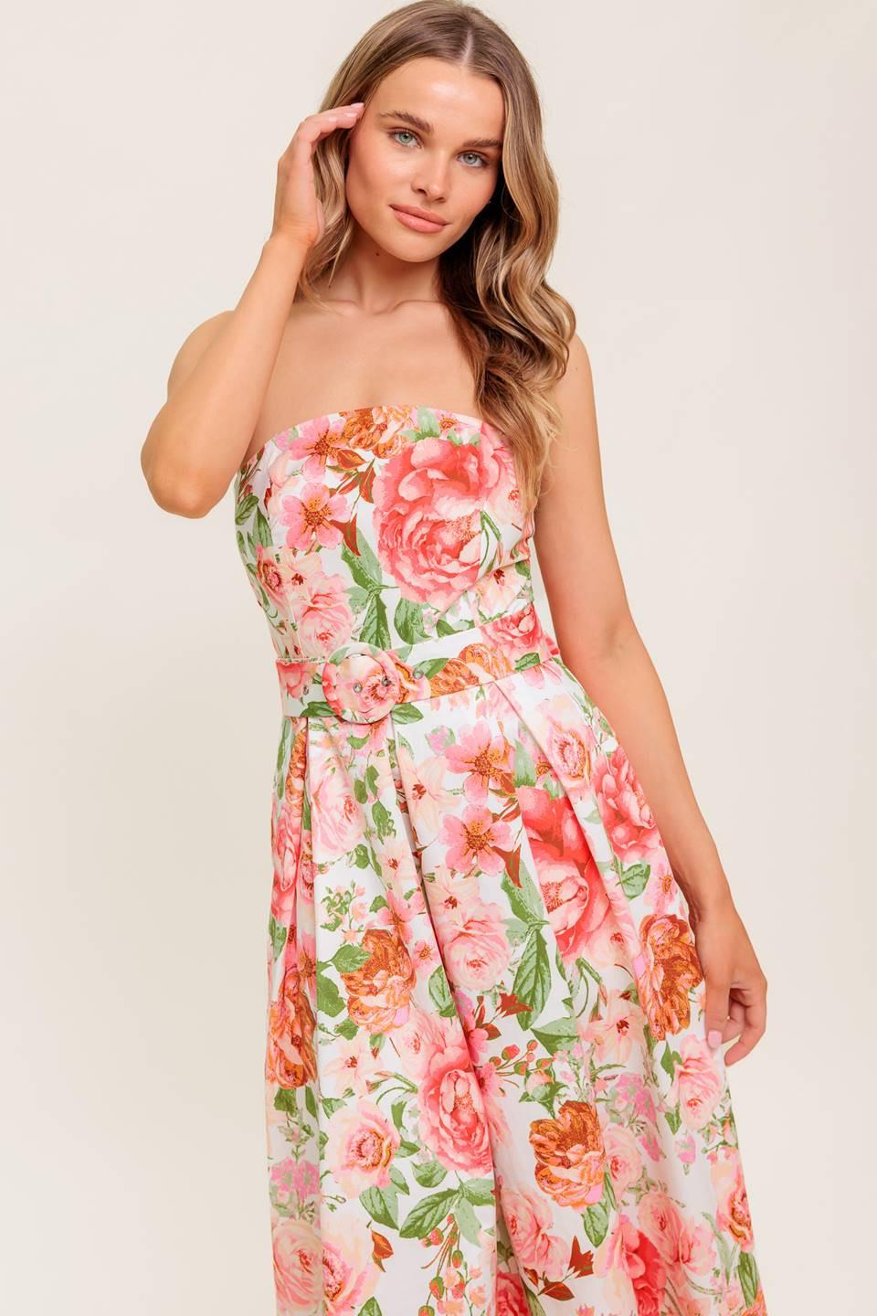 BLUSHING DAWN PINK WOVEN MIDI DRESS.
