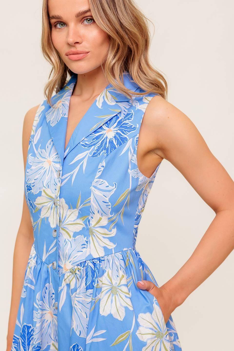 FERN WHISPER BLUE WOVEN MIDI DRESS.