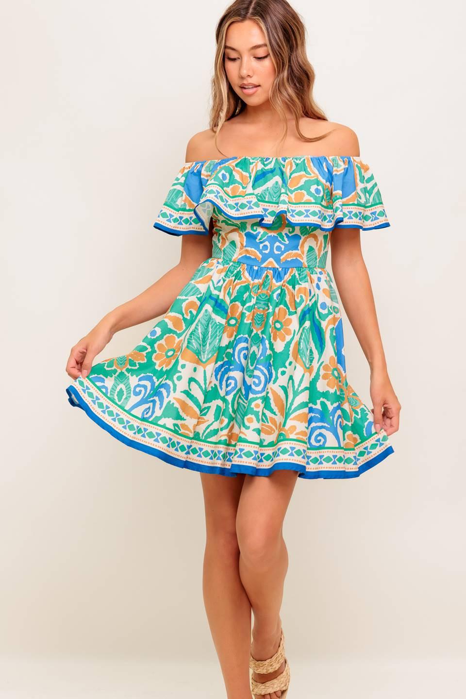 COASTAL LOVE SAGE BLUE WOVEN MINI DRESS.