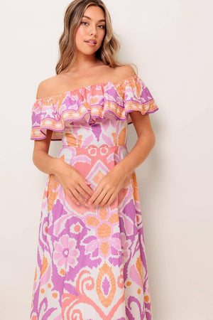 CABANA DREAM LAVENDER WOVEN MIDI DRESS.
