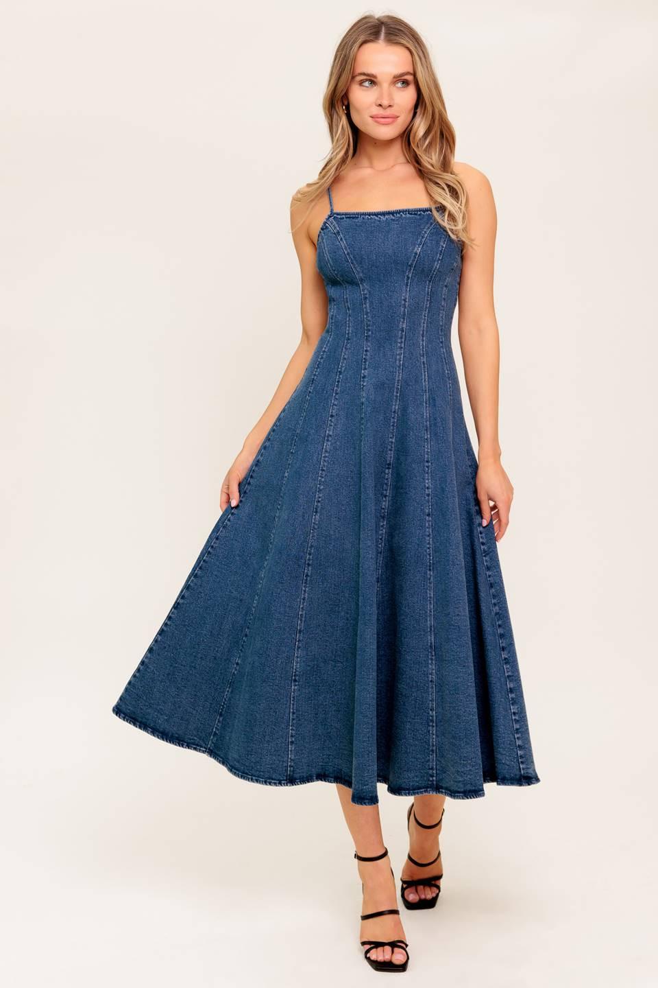 VANILLA COVE DENIM MIDI DRESS.