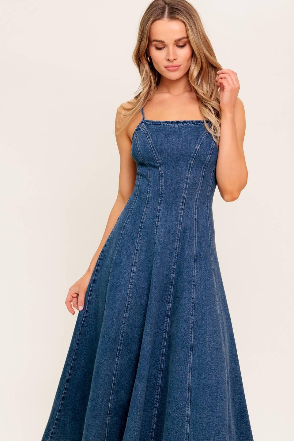 VANILLA COVE DENIM MIDI DRESS.