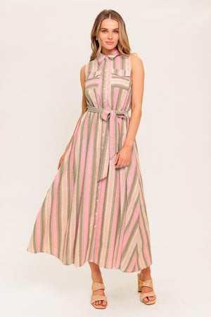 A striped woven midi dress featuring collar, button down, pockets, elasticized waist, self sash and full skirt.