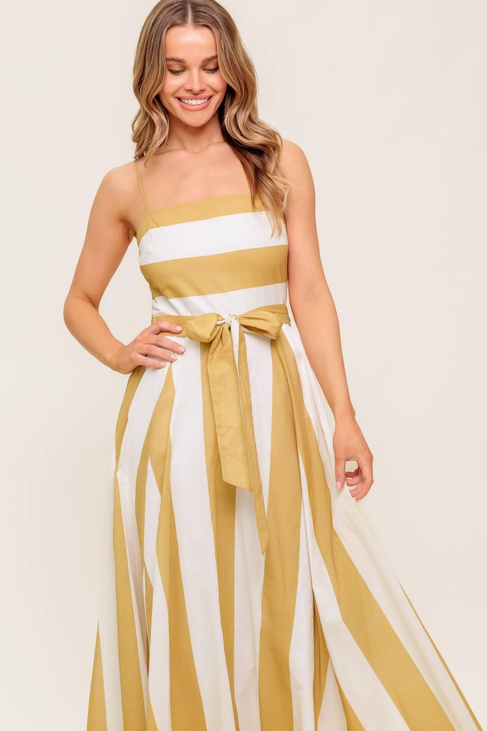 SOFT HORIZON TAUPE WOVEN MIDI DRESS.
