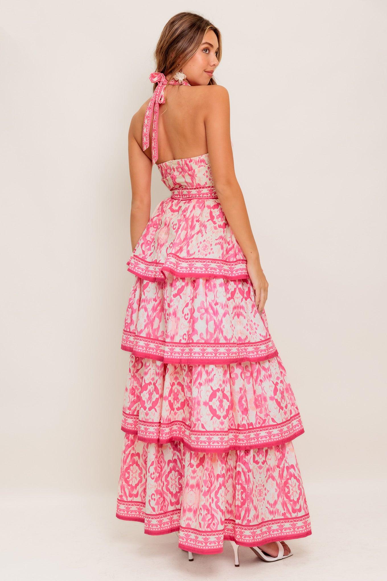BLUSHING BLOSSOM FUCHSIA WOVEN MAXI DRESS.