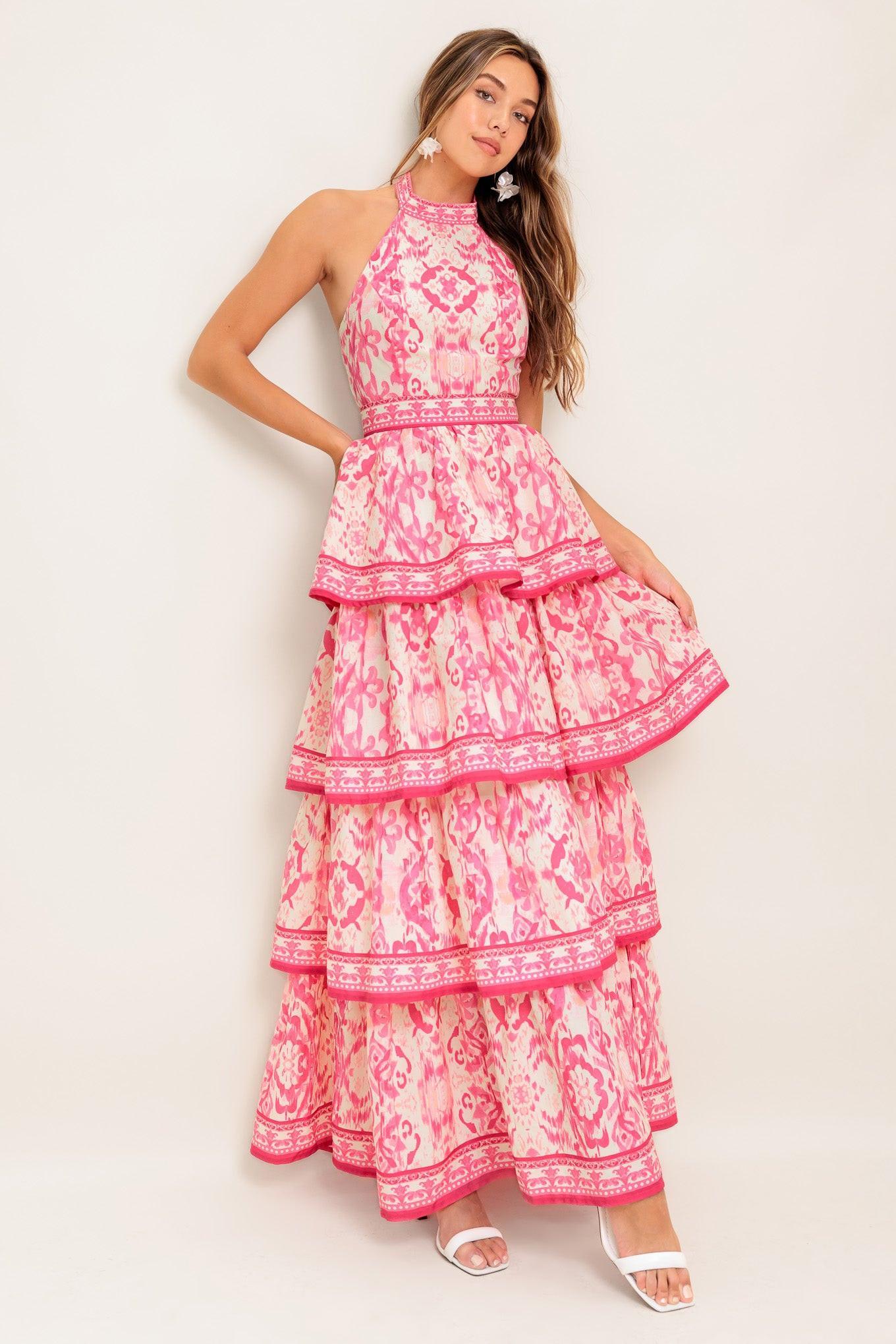 BLUSHING BLOSSOM FUCHSIA WOVEN MAXI DRESS.