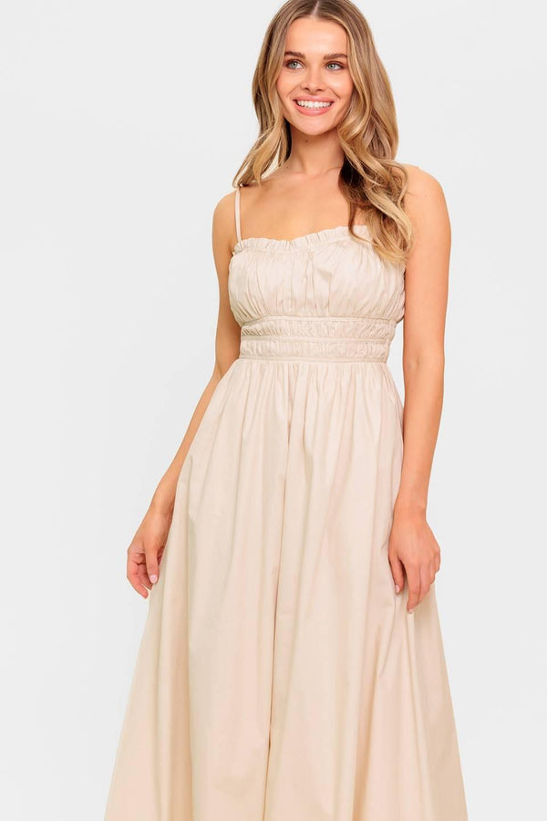 HONEY SUNSET CREAM WOVEN MIDI DRESS.