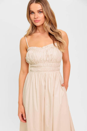 HONEY SUNSET CREAM WOVEN MIDI DRESS.