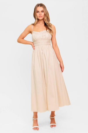 HONEY SUNSET CREAM WOVEN MIDI DRESS.