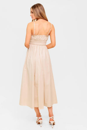HONEY SUNSET CREAM WOVEN MIDI DRESS.