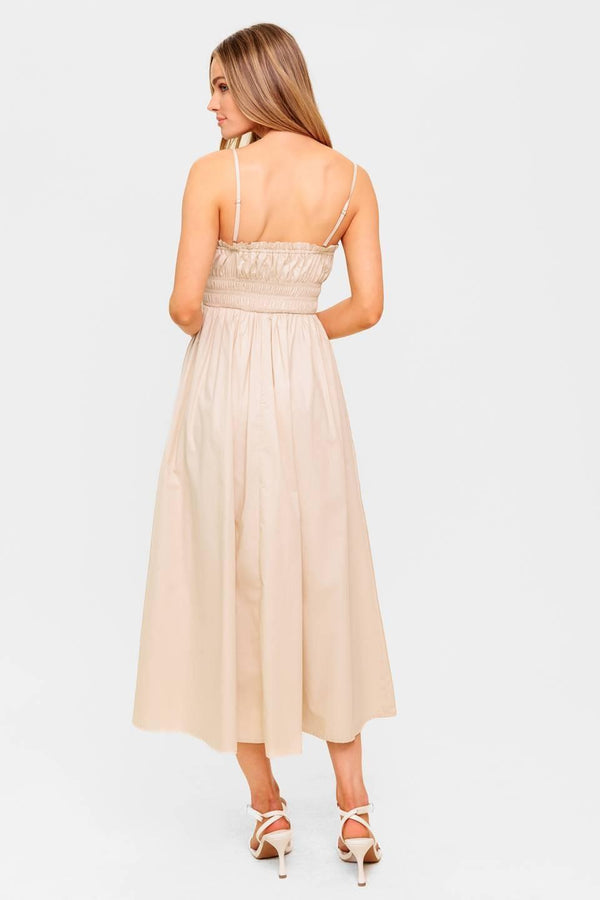 HONEY SUNSET CREAM WOVEN MIDI DRESS.