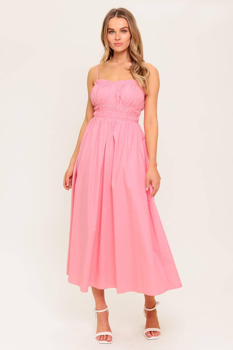 HONEY SUNSET PINK WOVEN MIDI DRESS.