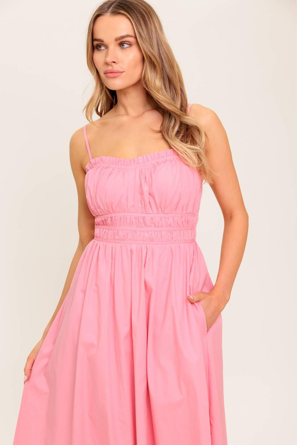 HONEY SUNSET PINK WOVEN MIDI DRESS.