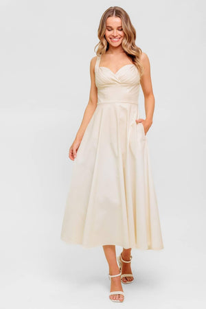 OCEAN SHEEN TENDER CREAM WOVEN MIDI DRESS.