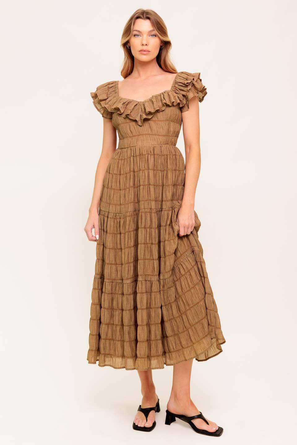 A textured woven midi dress featuring ruffles neckline, short ruffle sleeve, tiered skirt and smocked back bodice.