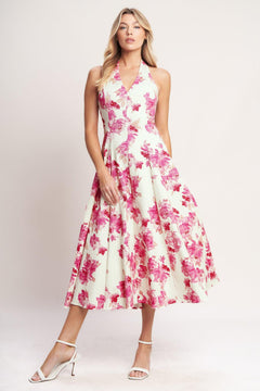 
A printed woven halter midi dress featuring V neckline with back button closure, circle skirt, bare back and zipper closure

Details:

Self : 97% Cotton 3% Spandex

Size &amp; Fit

- Model is 5`8" And Wearing Size Small
- Measurements Taken From Size Small
- Approx. Length: 50"