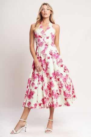 
A printed woven halter midi dress featuring V neckline with back button closure, circle skirt, bare back and zipper closure

Details:

Self : 97% Cotton 3% Spandex

Size &amp; Fit

- Model is 5`8" And Wearing Size Small
- Measurements Taken From Size Small
- Approx. Length: 50"