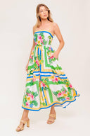 A printed woven midi dress featuring straight neckline, straps, full skirt and smocked back bodice.