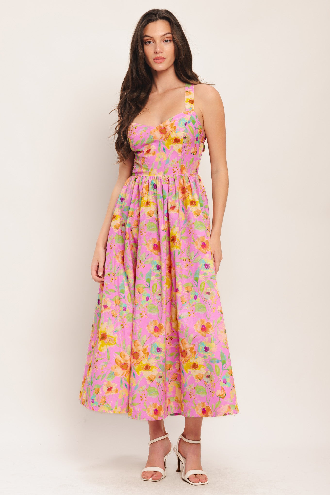 
A printed woven midi dress featuring sweetheart neckline, straps, full skirt and open back with cross tie closure

Details:

Self : 100% Cotton
Lining : 100% Polyester

Size &amp; Fit

- Model is 5`8" And Wearing Size Small
- Measurements Taken From Size Small
- Approx. Length: 55"