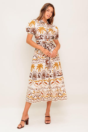 TROPICANA SUNSET WOVEN MIDI DRESS.