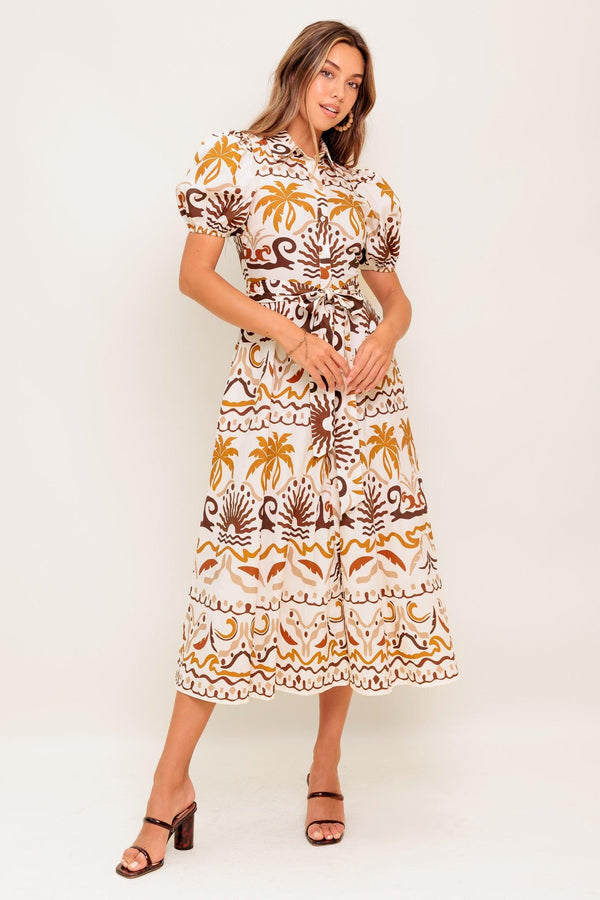 TROPICANA SUNSET WOVEN MIDI DRESS.