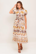 TROPICANA SUNSET WOVEN MIDI DRESS.