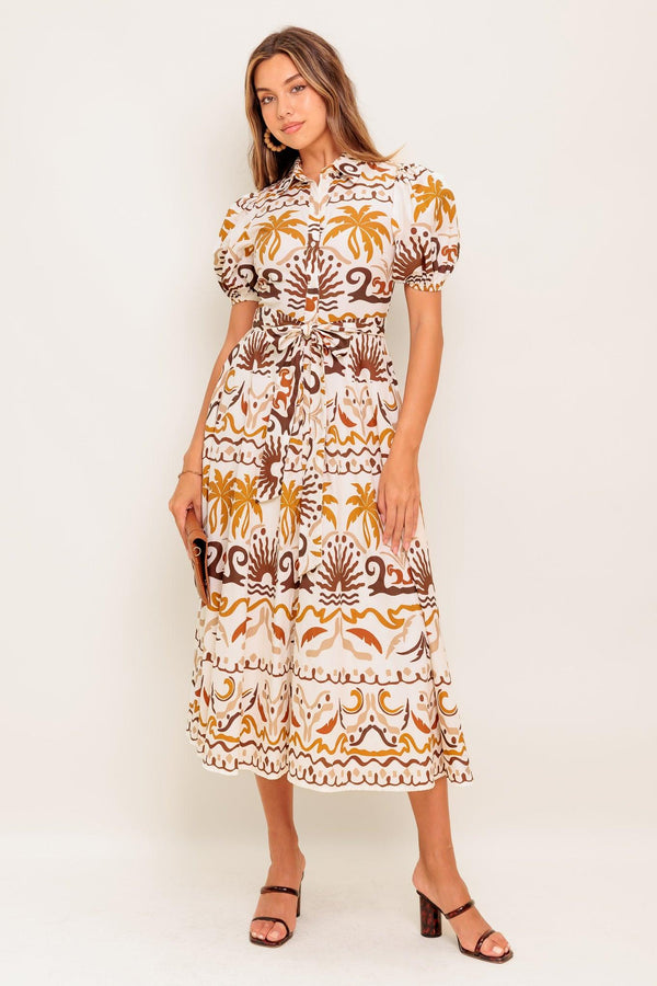 TROPICANA SUNSET WOVEN MIDI DRESS.