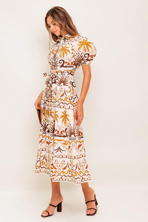 TROPICANA SUNSET WOVEN MIDI DRESS.