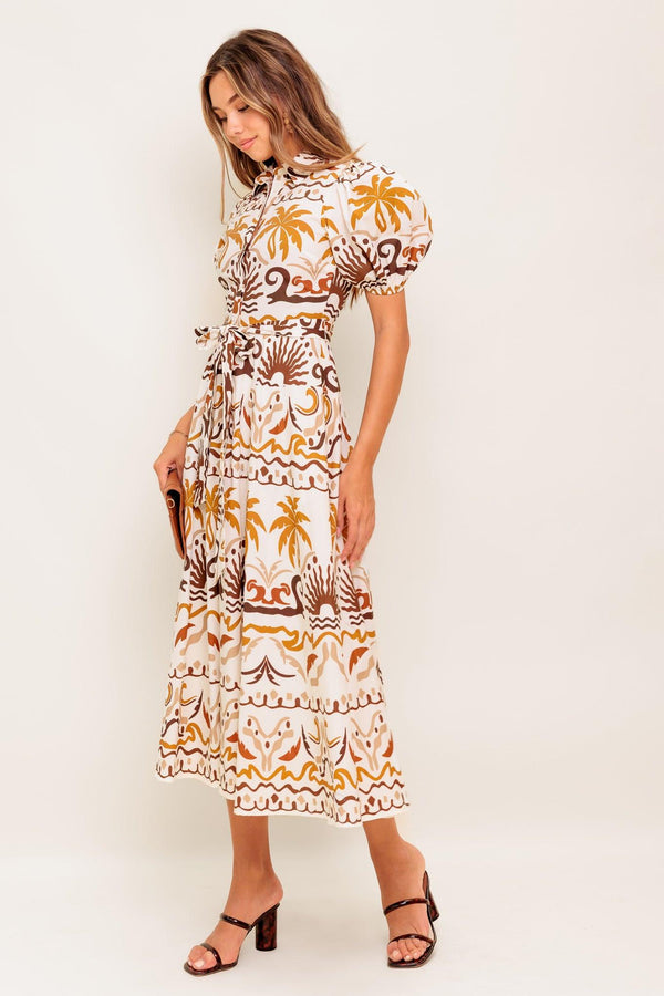 TROPICANA SUNSET WOVEN MIDI DRESS.