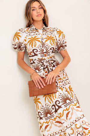 TROPICANA SUNSET WOVEN MIDI DRESS.