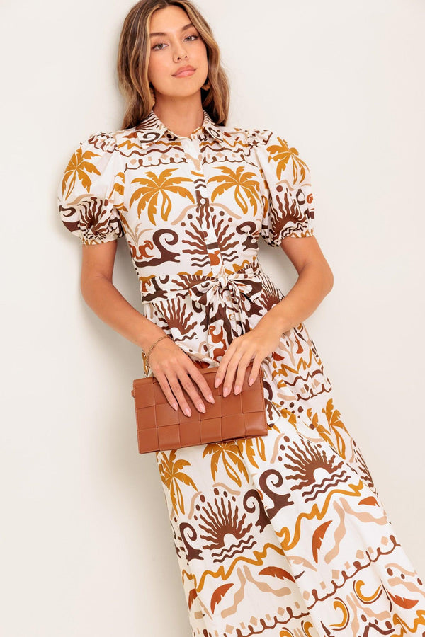 TROPICANA SUNSET WOVEN MIDI DRESS.