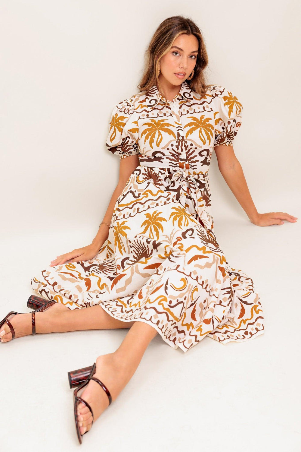 TROPICANA SUNSET WOVEN MIDI DRESS.