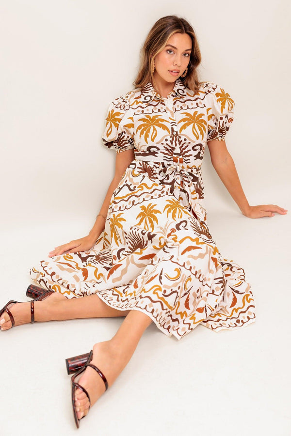 TROPICANA SUNSET WOVEN MIDI DRESS.