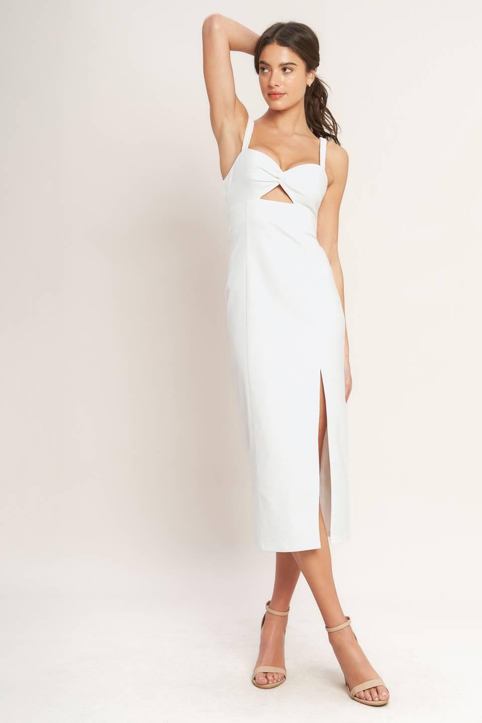 SILENT SHIN TWILL MIDI DRESS.