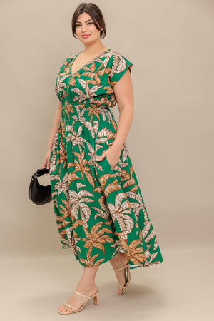 LUSH STILLNESS WOVEN MIDI DRESS.