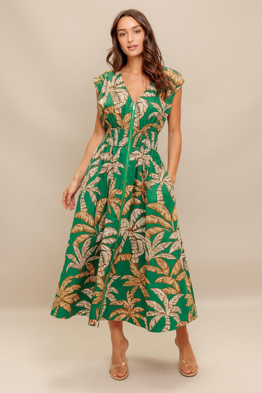 LUSH STILLNESS WOVEN MIDI DRESS.