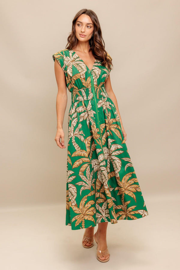 LUSH STILLNESS WOVEN MIDI DRESS.