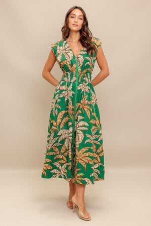 LUSH STILLNESS WOVEN MIDI DRESS.
