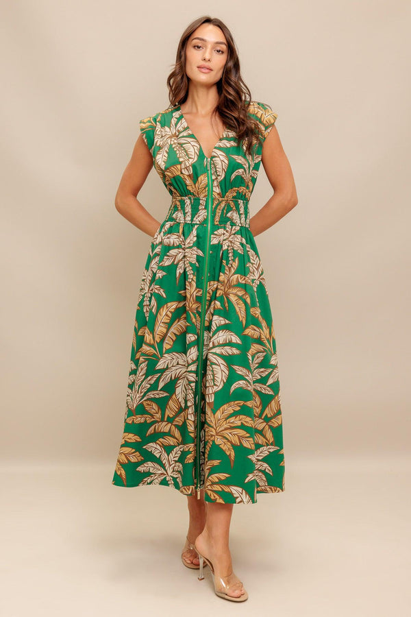 LUSH STILLNESS WOVEN MIDI DRESS.
