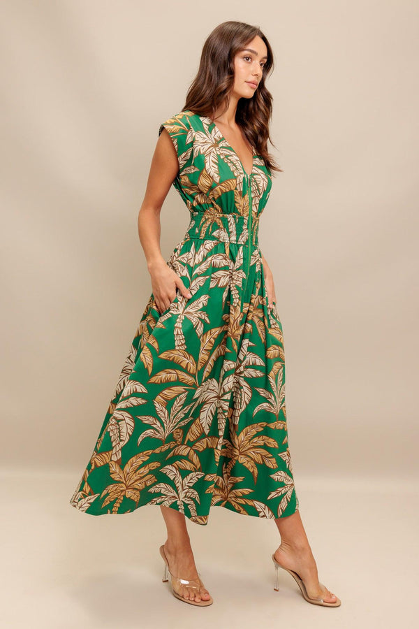 LUSH STILLNESS WOVEN MIDI DRESS.