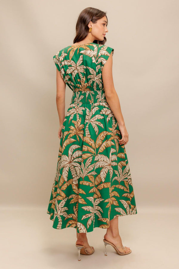 LUSH STILLNESS WOVEN MIDI DRESS.