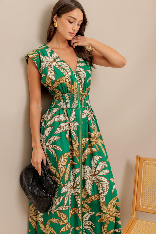LUSH STILLNESS WOVEN MIDI DRESS.