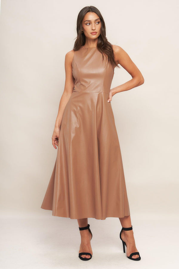 A faux leather midi dress featuring round neckline, sleeveless, circle skirt and back zipper closure