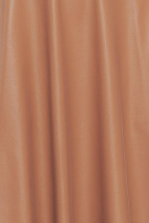 A faux leather midi dress featuring round neckline, sleeveless, circle skirt and back zipper closure
