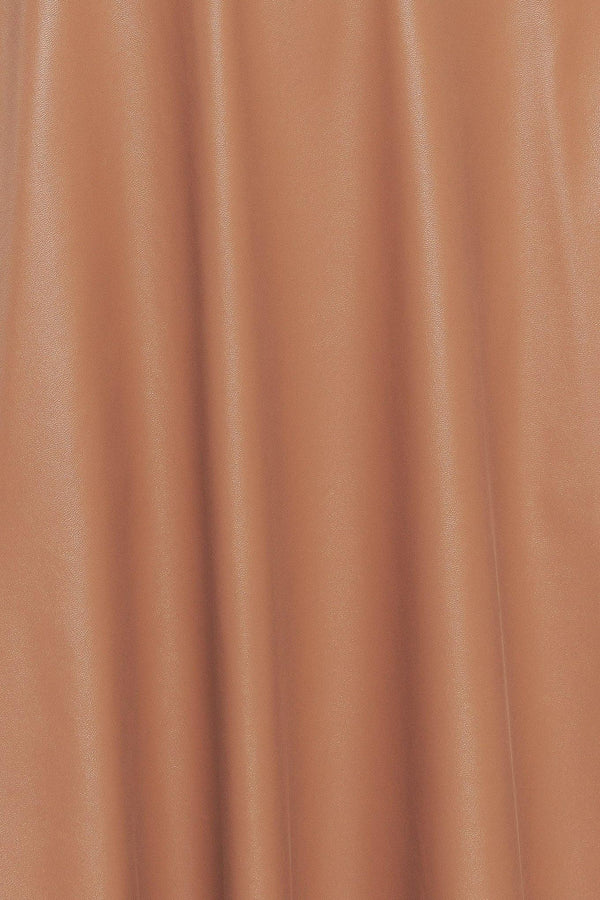 A faux leather midi dress featuring round neckline, sleeveless, circle skirt and back zipper closure